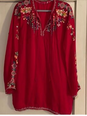 Johnny Was Red Embroidered Floral Tunic Top